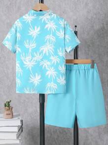 2pcs/Set Tween Boys' Casual Coconut Tree Print Shirt Collar Short Sleeve Shirt And Shorts, Spring/Summer - Blue - View 2