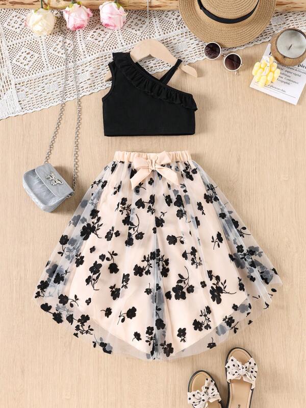 MommBaby Young Girl 2pcs Set, Includes Sleeveless Solid Color Ruffled Top And Mesh Patchwork Slant Shoulder Pants, Suitable For Summer Casual Occasions