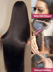 Pelucas frontales de encaje burdeos 99J Cabello humano color vino tinto 13x4 HD Pelucas frontales transparentes Pelucas frontales de encaje recto sin pegamento Cabello humano pre-arrancado con cabello de bebé 200% de densidad - Natural Black - Ver 4