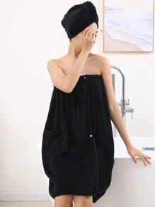 Bộ 2 áo choàng tắm mềm mại thoải mái cho nữ và mũ tắm có nơ trang trí, trang trí phòng tắm gia đình mùa hè màu đen trở lại trường - Bộ 2 món màu đen - Xem 6
