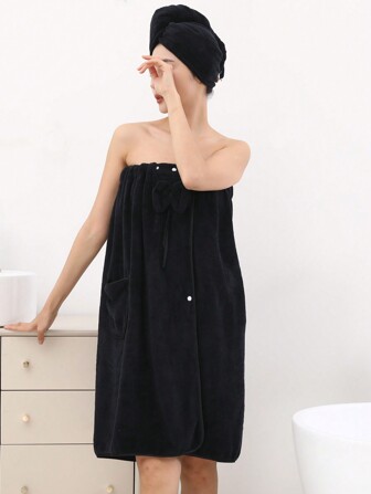 2 件女士柔软舒适浴袍和浴帽套装带蝴蝶结装饰，黑色夏季婚礼家居浴室装饰返校