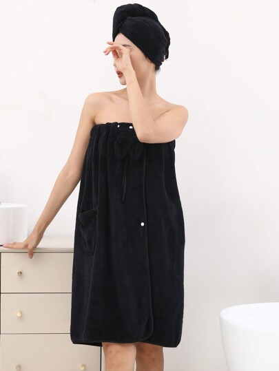 2pcs Women's Soft Comfortable Bathrobe & Shower Cap Set With Bow Decor, Black Summer Wedding Home Bathroom Decor Back To School