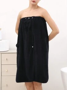 Bộ 2 áo choàng tắm mềm mại thoải mái cho nữ và mũ tắm có nơ trang trí, trang trí phòng tắm gia đình mùa hè màu đen trở lại trường - Bộ 2 món màu đen - Xem 8
