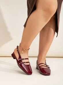 Zapatos planos de mujer talla grande de color rojo vino elegantes, versátiles y casuales, con hebillas decorativas, tiras en la parte trasera y tacón ancho brillante - Burdeos - Ver 4