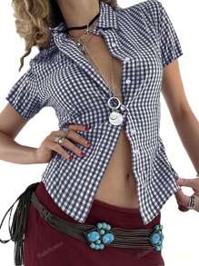 BabeHomee Fall Women Outfits Y2K Back To School Containing Cotton Slim Lapel Short-Sleeved Button Design Blue Checkered University Shirt Top