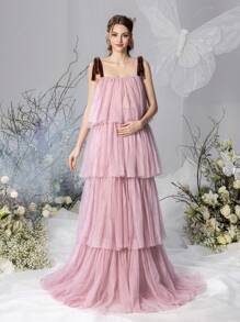 Faeriesty Dressalisa Maternity Tie Shoulder Mesh Overlay Formal Party Dress - Pink - View 2