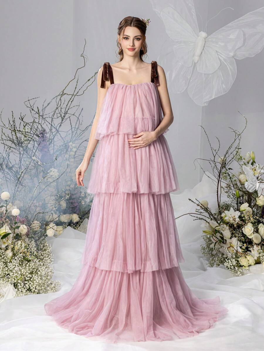 Faeriesty Dressalisa Maternity Tie Shoulder Mesh Overlay Formal Party Dress