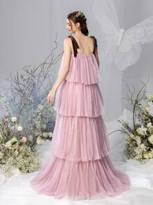 Faeriesty Dressalisa Maternity Tie Shoulder Mesh Overlay Formal Party Dress - Pink - View 3