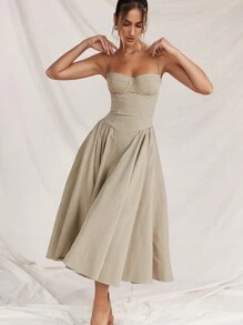 French Vintage Long Dresses With Halter - Khaki - View 3