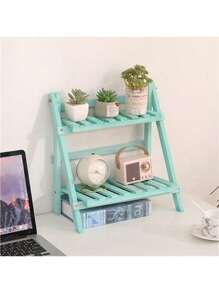 纯手工原木折叠简约时尚书桌收纳架梯形桌面展示架双层固定收纳架带横杆卧室床头架梳妆台收纳架适用于书房，卧室，宿舍，咖啡厅厨房。