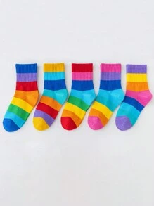 10 Pairs Girls' Rainbow Pattern Knitted Socks, Comfortable Breathable Soft Crew Socks, Suitable For Outdoor Wear