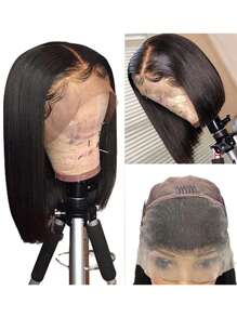 骨直发高清蕾丝假发 13X6 真人发波波头假发蕾丝前部预拔真人发女士 - 自然色&黑色系 - 查看 6