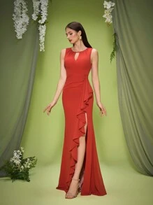 Mgiacy neuankömmling rundhals elegantes brautjungfernkleid geraffte volant chiffon langes kleid