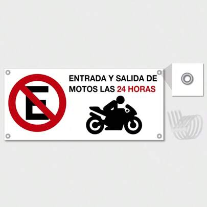  Señalamiento: "No estacionarse, entrada y salida de motocicletas las 24 horas". Impreso sobre plástico estireno calibre 40 laminado, ideal para interior o exterior. Medidas: 40 cm x 18 cm. Señalética, Letrero, Señal horizontal restrictiva.