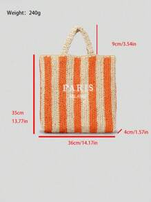 Spring And Summer Striped Handmade Straw Bag Women Embroidery Letter Beach Holiday Shoulder Bag Clashing Colours Paper Woven Small Handbag (Pendant Not Included)