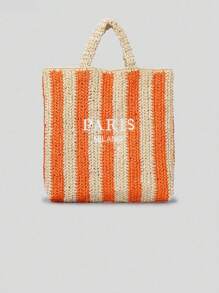 Spring And Summer Striped Handmade Straw Bag Women Embroidery Letter Beach Holiday Shoulder Bag Clashing Colours Paper Woven Small Handbag (Pendant Not Included)