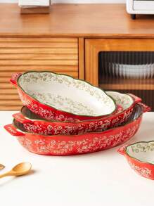 Assadeira oval de cerâmica com alça, design floral vintage vermelho, para cozinha, salada, grelhados, assados, sobremesas, pizza - pode ir ao forno e micro-ondas