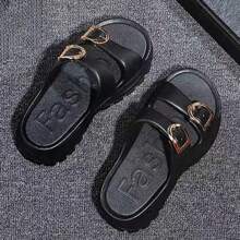 女士厚底时尚一脚蹬凉鞋，高端夏季户外防滑厚底拖鞋 - 黑色 - 查看 3