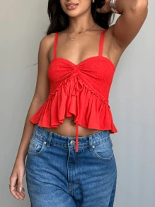 Women Spaghetti Strap Crop Tops Shirred Ruched Tie-Up Camisole Sweetheart Neck Sleeveless Ruffle Hem Babydoll Shirts - Red - View 3