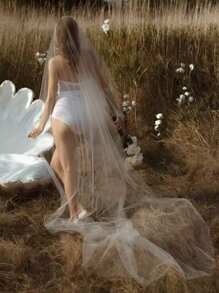 新娘单层长款落地头纱290cm左右 白色简约素纱 婚礼殿堂款 带纹理金属发梳 - 白色 - 查看 2