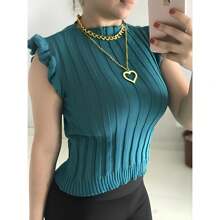 Women's Blouse Garrafinha / Ribbed Knit / Ruffle / Modal Women's Blouse - Army Green - View 1