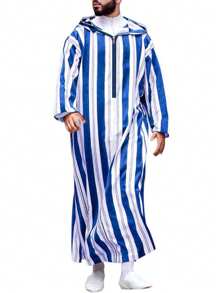 Kaftan de manga larga con estampado de rayas para hombres, absorbe el sudor - Azul y blanco - Ver 2