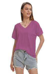 Casual Women's Short Sleeve V-Neck Loose T-Shirts Summer Casual Tops - Màu tím - Xem 4