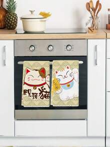 2 piezas, Paños de limpieza con diseño de gato de la suerte estilo coreano/japonés con nubes, para cocina, baño, coche, ventanas, suministros de limpieza, regalo. - Beis - Ver 3