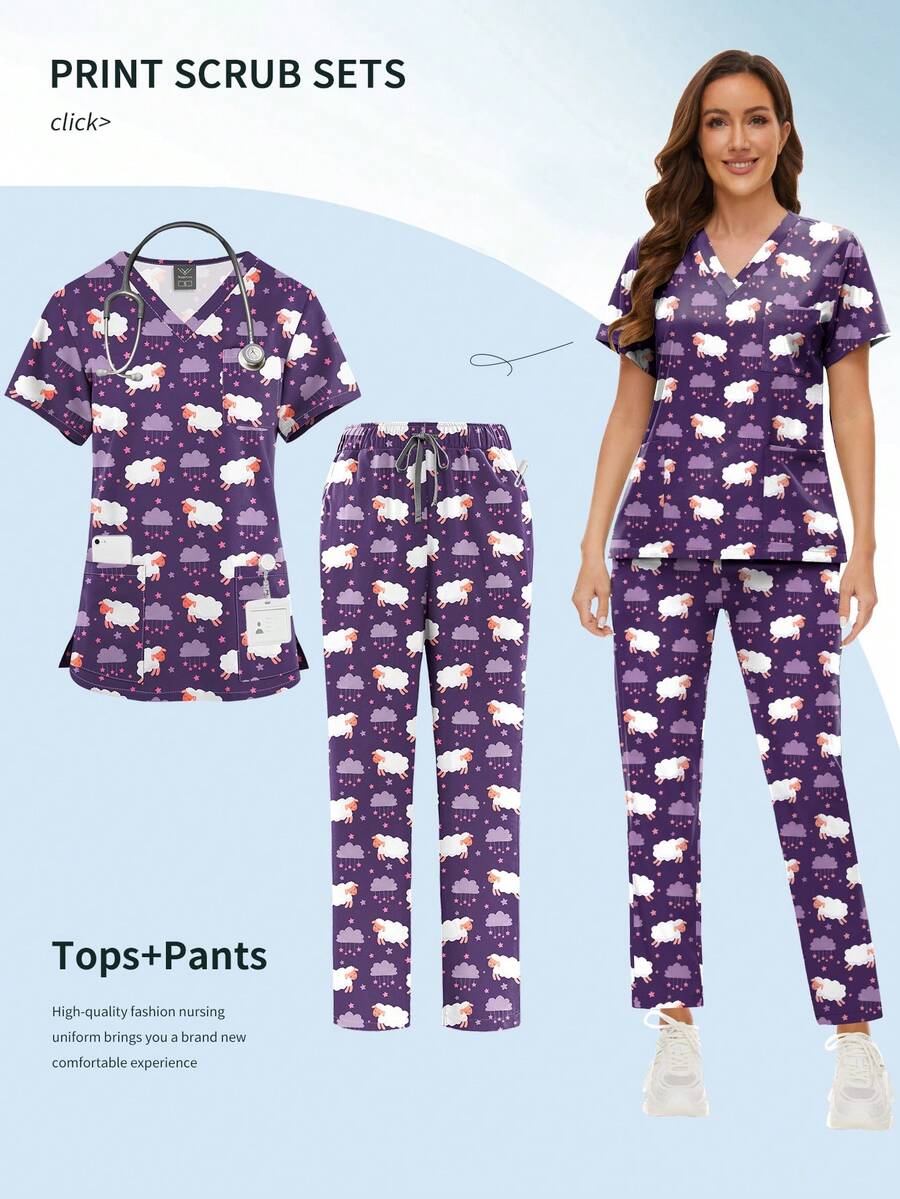 Dental Scrubs Surgical Uniform Doctor Nurse Work Uniforms Wholesale Cartoon Print Shirt+Pants Pet Grooming Doctor Workwear Women - Multicolor - View 1