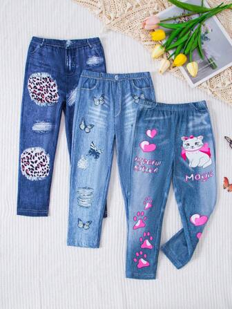 3 Stücke/Set lässige und süße bedruckte Denim mit Denim-Effekt für Kleine Mädchen, Frühling/Sommer
