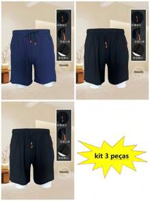 Kit 3 Bermuda Shorts For Men, Imported Shorts For Men, Polyamide, Ice Silk, Gym, Elastane, Casual, Quick Drying - 藏蓝色 - 查看 2