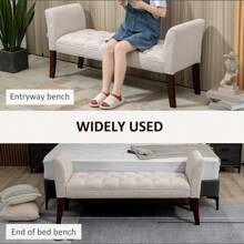 End Of Bed Bench With Button Tufted Design, Upholstered Bedroom Entryway Bench With Arms And Solid Wood Legs For Bedroom, Beige - Multicolor - View 7