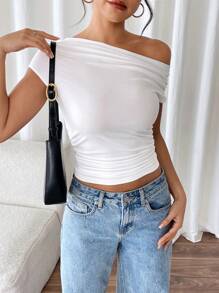 Solid Color Open Shoulder Ruched Waist Elegant Fitted T-Shirt For Women - White - View 7