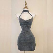 Fashion Sexy Women Lady Short Dress With Sparkles And Choker, Elegant Evening Dresses - 銀色 - 查看 1