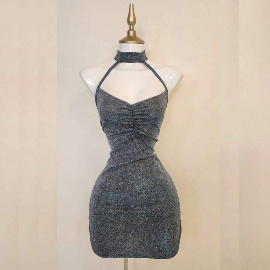 Fashion Sexy Women Lady Short Dress With Sparkles And Choker, Elegant Evening Dresses - 銀色 - 查看 1