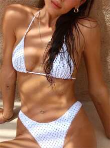 Women's Summer Bikini Set Dot Print Halter Bra With Low Waist Thong 2 Pcs Swimsuit - White - View 2