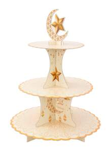1pc Gold-Tone Eid Mubarak Cupcake Stand, Moon & Star Pattern Cupcake Display Rack, Ramadan Party Decoration Supplies, Eid Holiday Home Decor