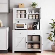 Kitchen Pantry Cabinet With Microwave Stand, Freestanding Hutch With Drawers, Doors & Adjustable Shelves, Buffet Cabinet With Storage, Food Pantry For Kitchen, Dining Room, White/Black/Gray - 白色 - 查看 3