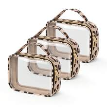 4 Packs Clear Travel Makeup Bag, TSA Approved Toiletry Bag, Transparent Makeup Bags With Handles, Quart Size Clear Toiletry Bags, Double-Layer PVC Clear Cosmetic Bags For Women And Men, Carry On Airport Airline Compliant Bag. Wash Bag Bathroom Beach Beach Bag Vacation Holiday Essentials School Supplies Travel Essentials Ladies Dorm College Holiday Winter,For Holiday Beach, Bathroom Collection, Bedroom Collection, Large Capacity - Leopard - View 1