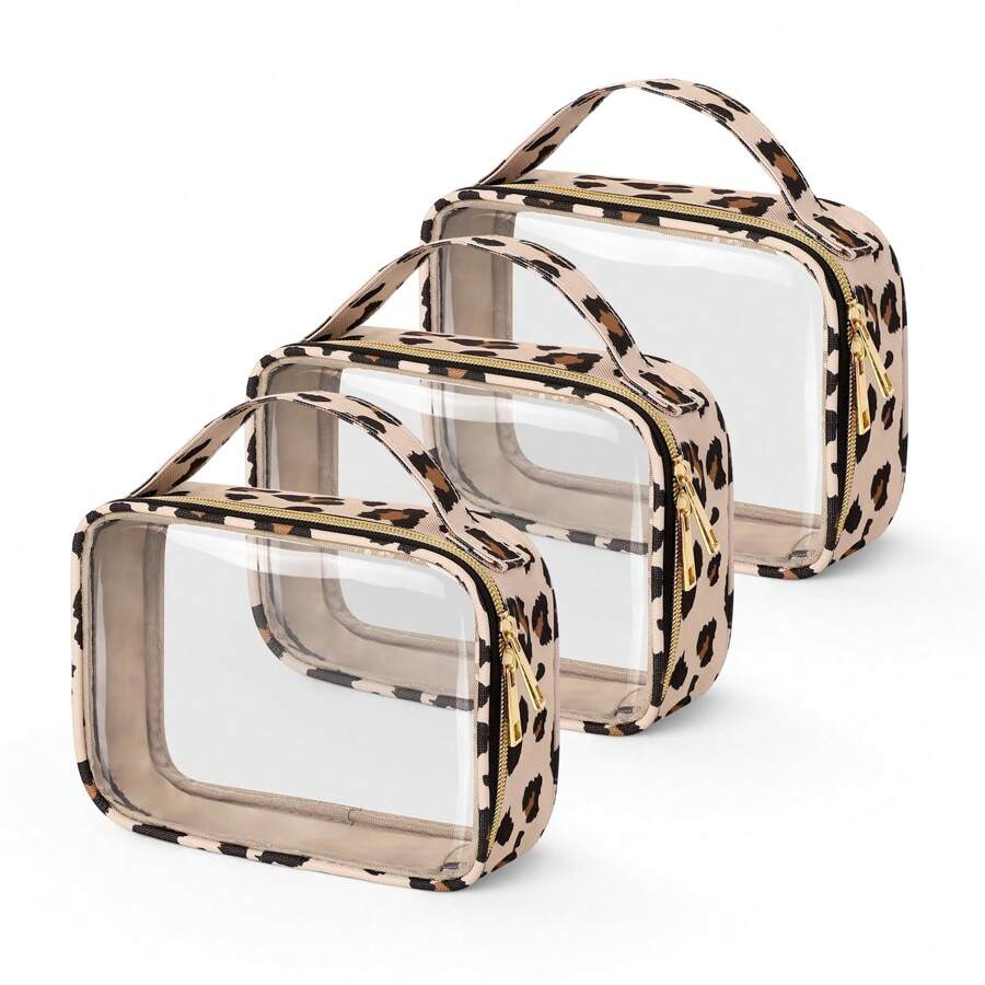 4 Packs Clear Travel Makeup Bag, TSA Approved Toiletry Bag, Transparent Makeup Bags With Handles, Quart Size Clear Toiletry Bags, Double-Layer PVC Clear Cosmetic Bags For Women And Men, Carry On Airport Airline Compliant Bag. Wash Bag Bathroom Beach Beach Bag Vacation Holiday Essentials School Supplies Travel Essentials Ladies Dorm College Holiday Winter,For Holiday Beach, Bathroom Collection, Bedroom Collection, Large Capacity - Leopard - View 1