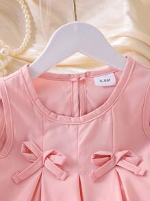 2 件装女婴甜美淑女风褶皱蝴蝶结无袖上衣和裤子套装，夏季