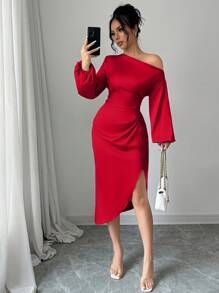 abyoxi Red Color Elegant Asymmetrical Neck Long Sleeve Waist Handmade Pleated Sexy Satin Dress,Wedding Dating Dress,Party,Simple,Back To School,Fall/Winter Clothes For Women
