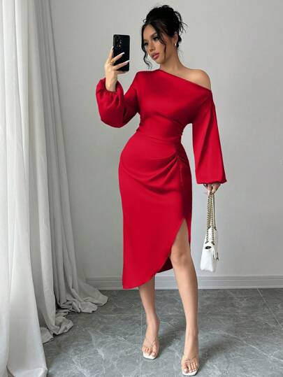 abyoxi Red Color Elegant Asymmetrical Neck Long Sleeve Waist Handmade Pleated Sexy Satin Dress,Wedding Dating Dress,Party,Simple,Back To School,Fall/Winter Clothes For Women