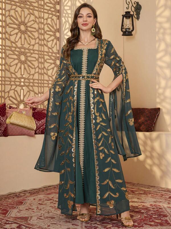 meilun Women's Elegant Sequin 2 In 1 Long Sleeve Dress