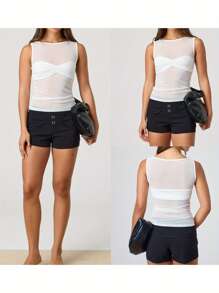 Women's Sheer Mesh Tank Tops Sleeveless Round Neck Solid Color Slim Fit Ruched Vest - Blanco - Ver 2