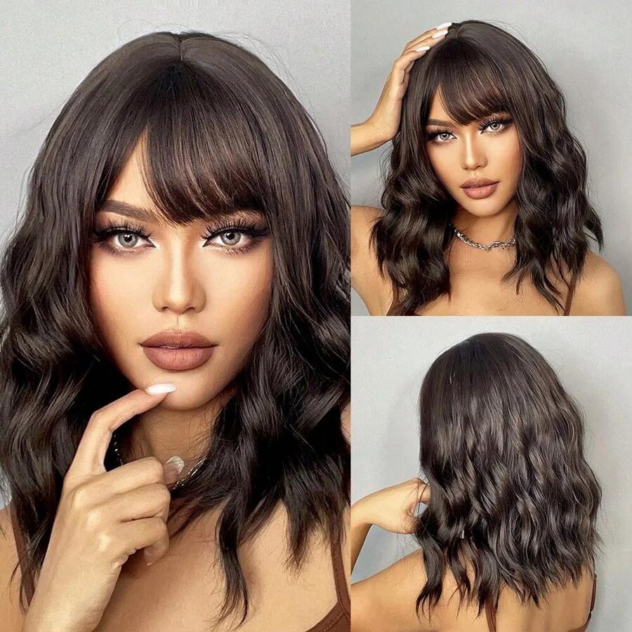 Women Bob Wigs With Bangs Short Wig With With Dark Roots Hair For Daily Use - Redwood - View 1