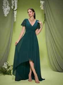 V-Ausschnitt elegantes Brautjungfernkleid, Rüschen-Spitzen-Chiffon-Kleid mit mehreren Lagen, lang