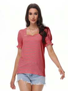 GEREARC Women's Summer Casual Pleated Sleeve Square Neck T-Shirt - 條紋紅 - 查看 5