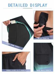 渐变色速干沙滩短裤，男士弹力，双层冲浪板短裤，带口袋，透气，适合夏季户外活动/运动/健身 - 薄荷綠 - 查看 6