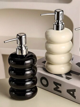 1pc Premium Ceramic Dispenser Bottle, Pump Style, Beige Bathroom Lotion/Shower Gel/Foaming Dispenser